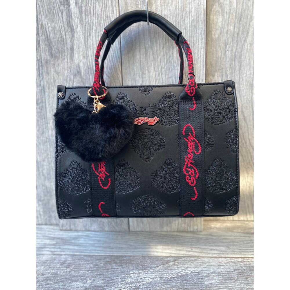 Ed Hardy Black Embossed Tote Bag with Logo Strap & Fuzzy Heart Charm